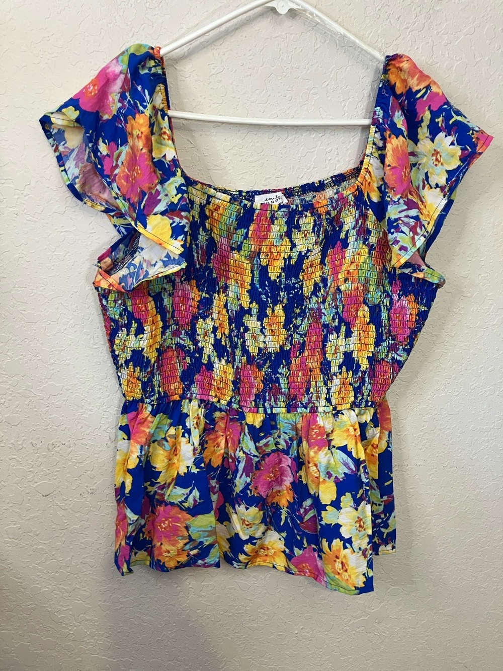 Emily Winder Blue Floral Smocked Peplum Blouse with Flutter Sleeves